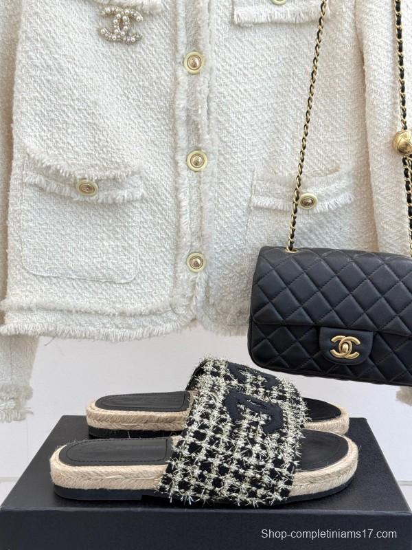 2025 CHANEL Black White Tweed Slippers