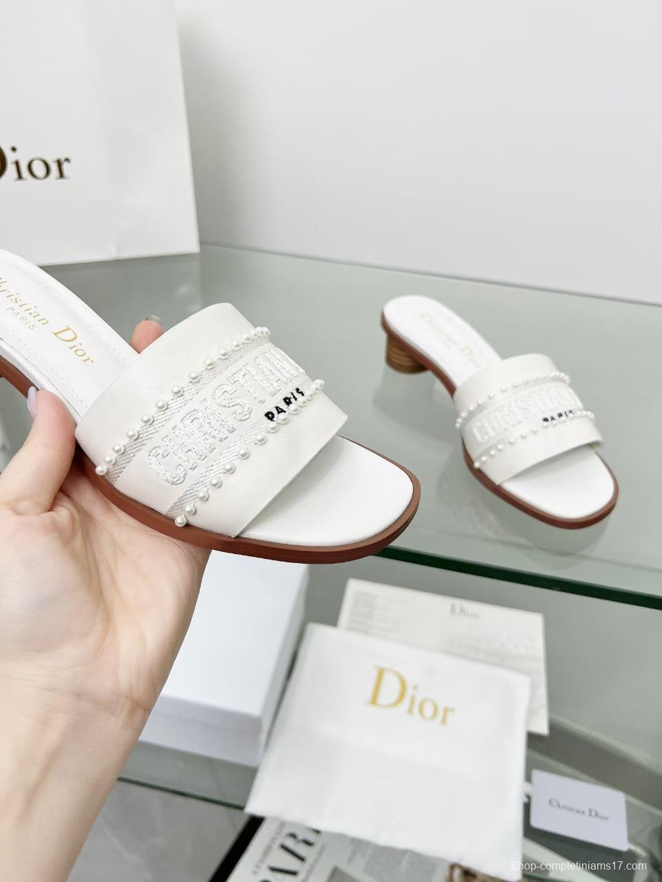 2025 Women Dior White Leather Mules Embroidered LY00210