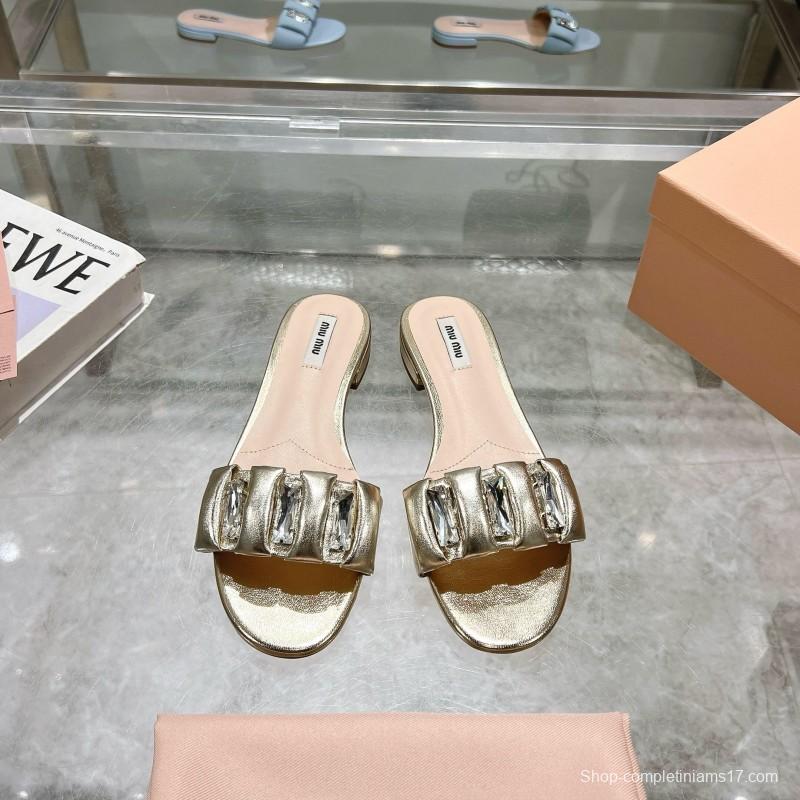 2025 Women Miumiu Metallic Leather Slippers