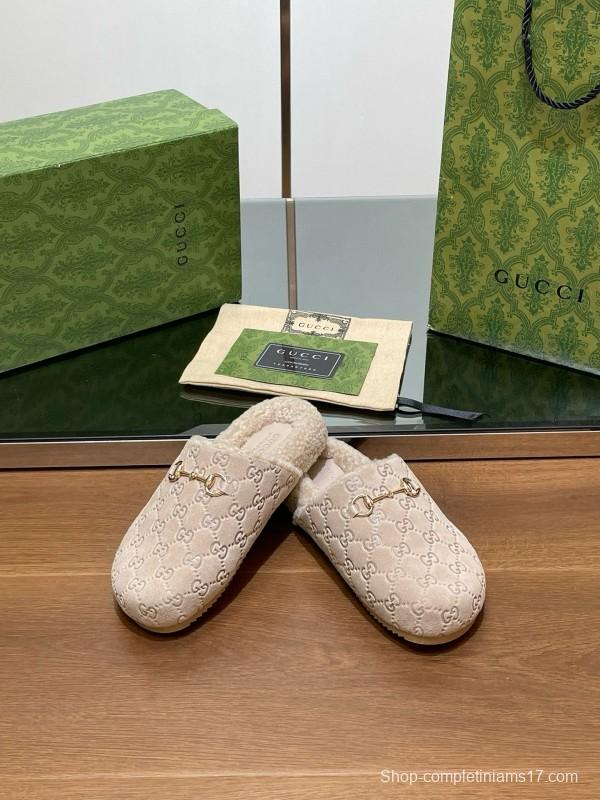 2024 Slippers Gucci Beige Shearling GG Embroidery