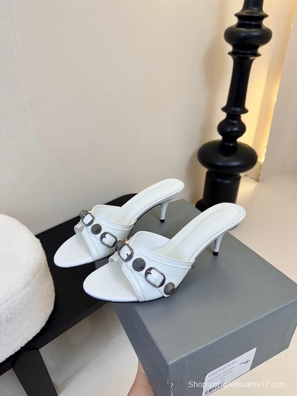 2025 Women Balenciaga White Leather Heeled Mules KFY00290