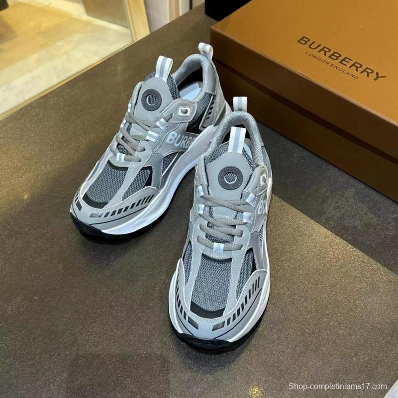 2025 Unisex Burberry Grey Suede Leather Mesh Sneakers Vintage Code MJ00380