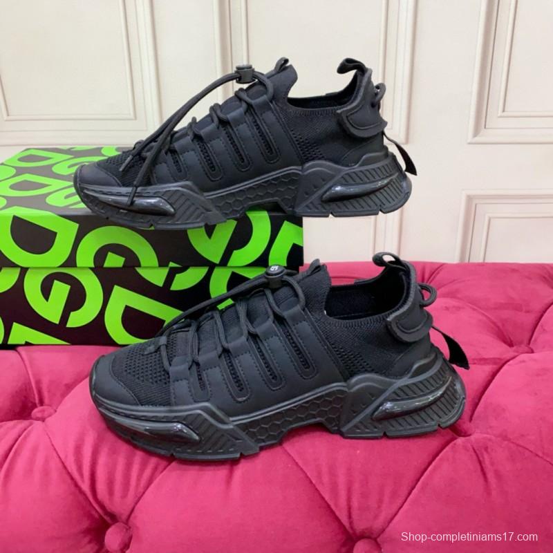 2024 Unisex Dolce & Gabbana Black Knit Leather Sneakers