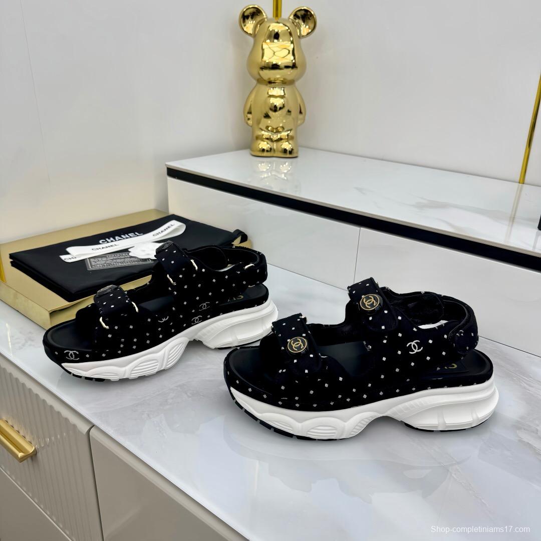 2025 Womens Chanel Black Velvet Sandals Logo Platform LY00330