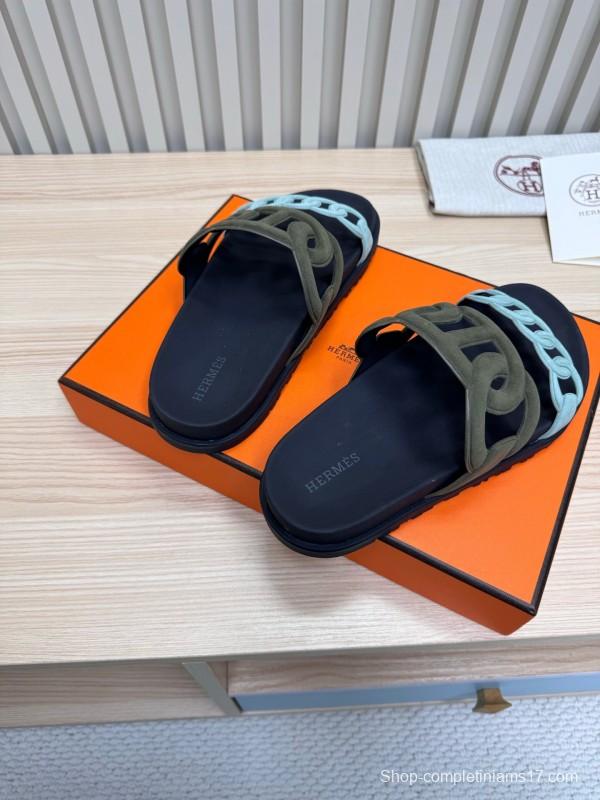 2025 Women Hermès Black Light Blue Leather Slippers