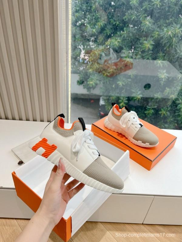 2024 Unisex Hermès Beige Orange Calfskin Suede Sneakers MJ00290(F/W)