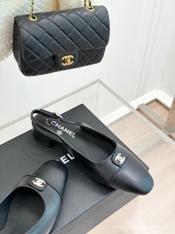 2025 Women Chanel Black Leather Slingback Flats