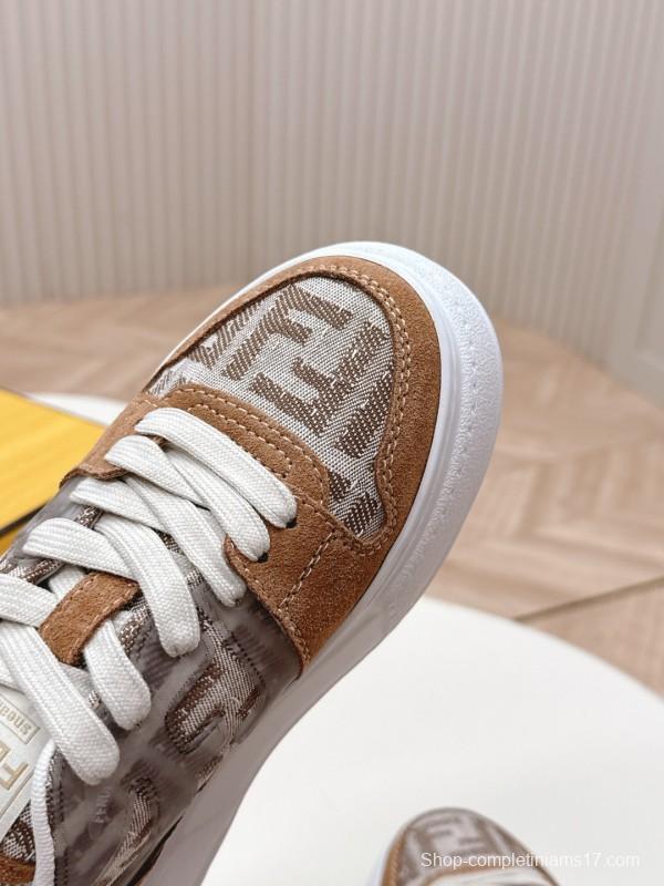 2025 Women Fendi Brown Beige Leather Mesh Sneakers LY00340