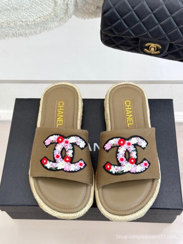 2025 Women Chanel Khaki Embroidered Lambskin Slippers KFY00230