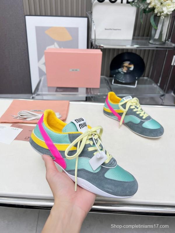 2025 Women Miu Miu Blue Grey Pink Yellow Suede Mesh Sneakers G027