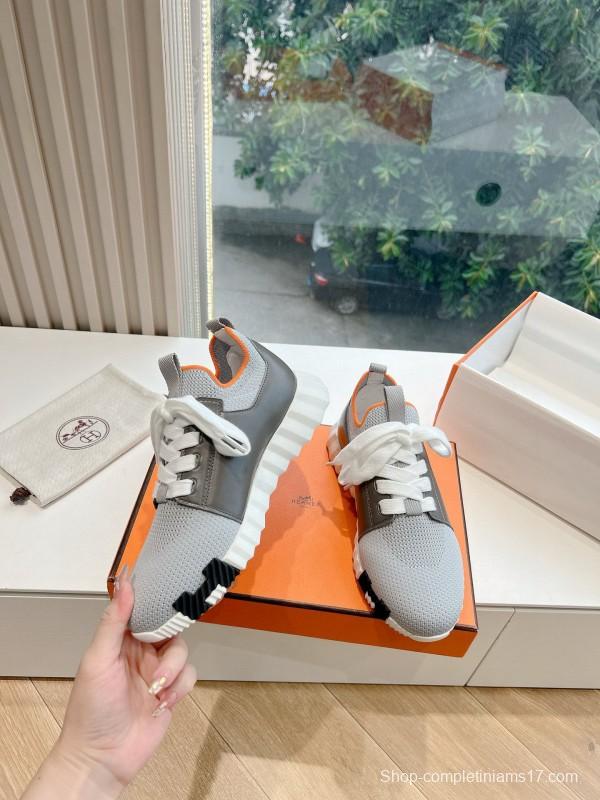 2024 Unisex Hermès Beige Grey Orange Black Leather Suede Knit Sneakers MJ00290