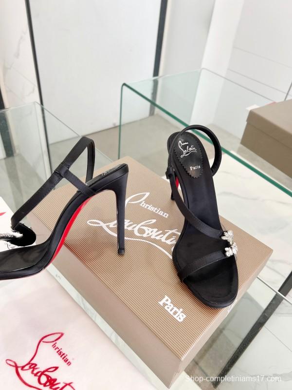 2025 Women ChristianLouboutin Black Satin High Heel Sandals Crystal Embellishment LY00300