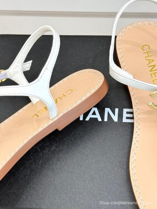 2025 Women Chanel White Leather Sandals KFY00290