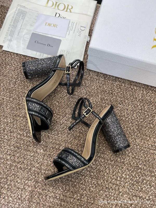 2025 Women Dior Black Patent Leather Crystal High Heel Sandals KFY00320