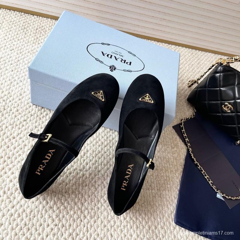 2025 Women Prada Black Suede Mary Jane Ballet Flat