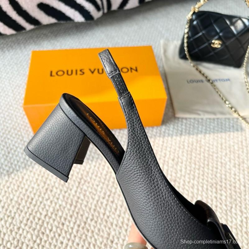 2024 Women Louis Vuitton Black Leather Slingback Heel