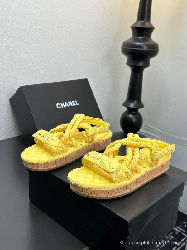 2025 Slippers Chanel Yellow Rope Cork Sole Sandals LY00260