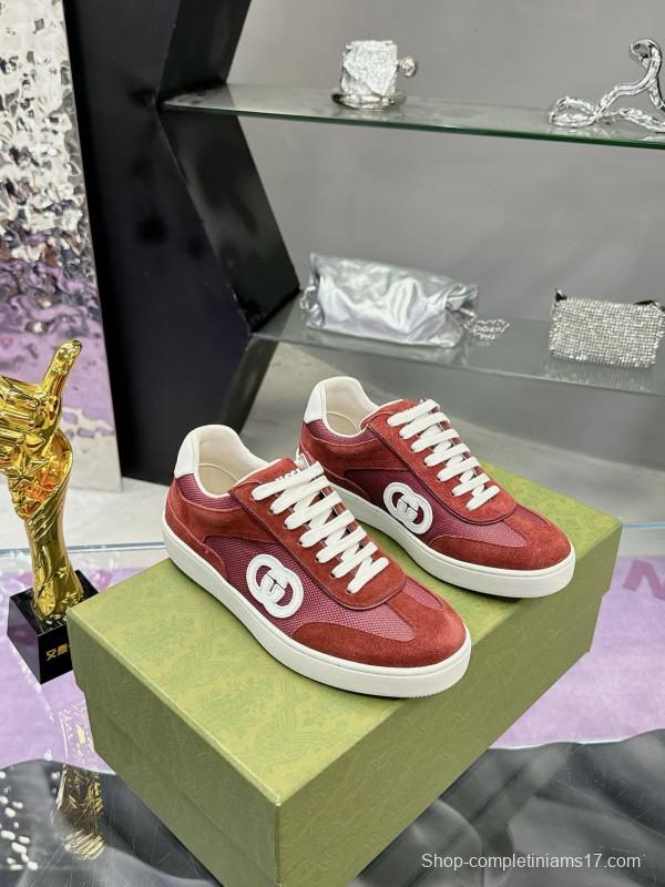 2024 Unisex Gucci Red Burgundy White Leather Suede Sneakers MJ00310