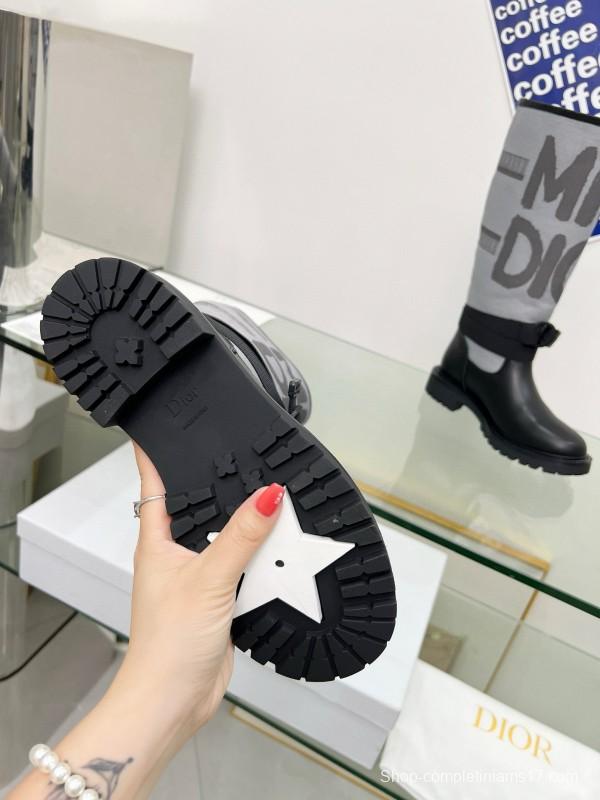 2024 Women Dior Black Grey Leather Fabric Knee High Boots