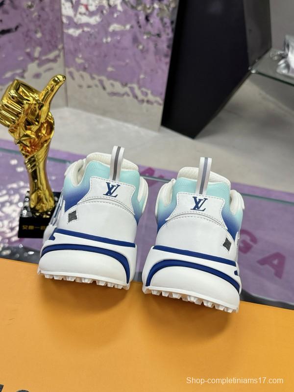 2025 Men Louis Vuitton Blue White Mesh Leather Sneakers MJ00420