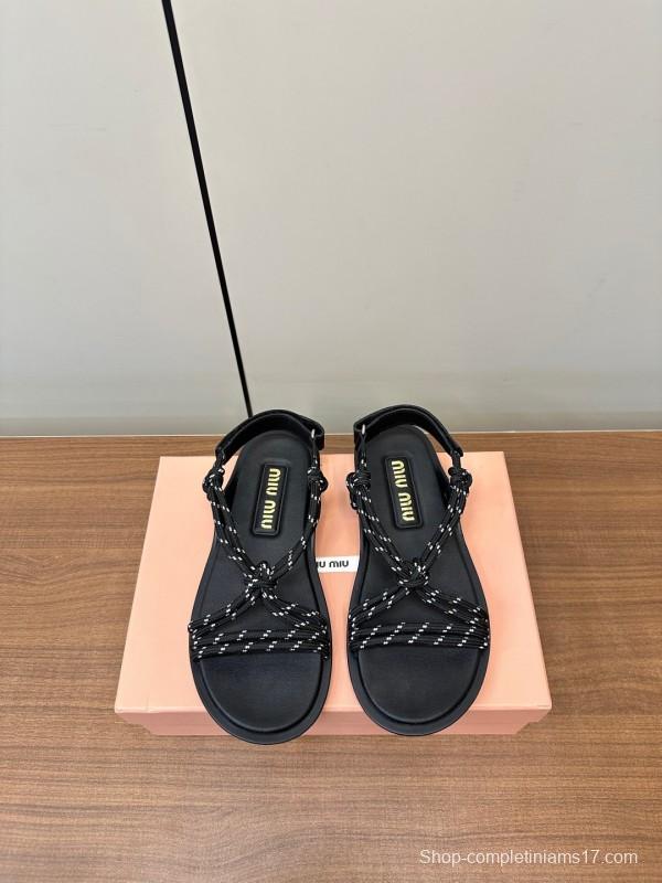 2025 Women Miu Miu Black Leather Rope Sandals