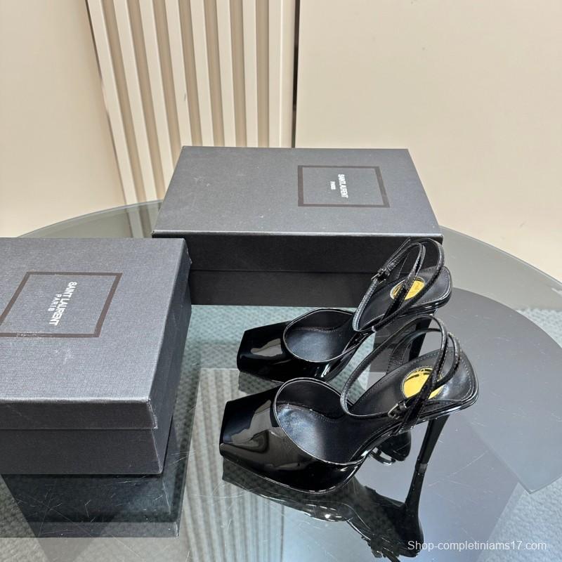 2025 Women Yves Saint Laurent Black Patent Leather High Heel Sandals