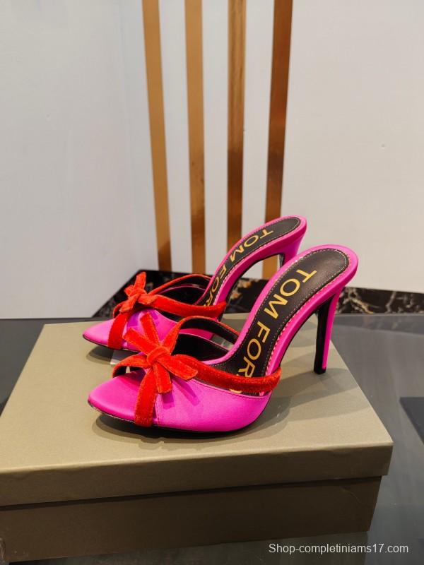 2025 Women TOM FORD Pink Red Silk Velvet High Heel Mules KFY00290