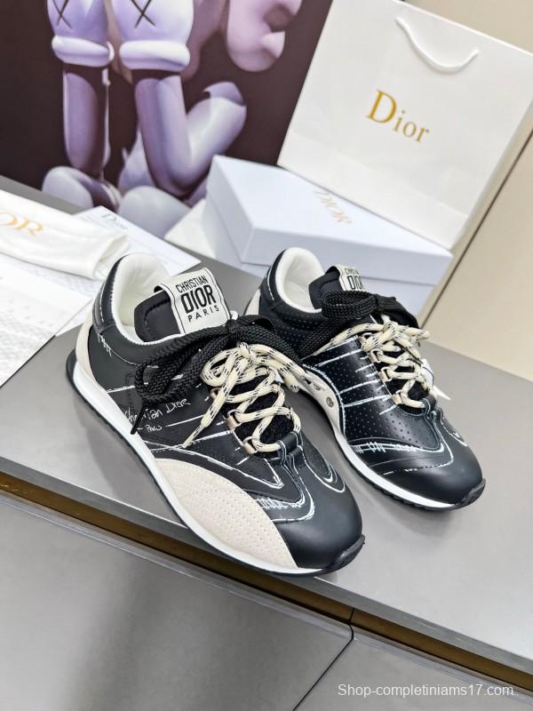 2025 Women Dior Black White Leather Sneakers Handwritten Logo KFY00290