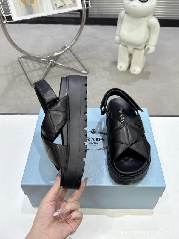 2025 Women Prada Black Leather Sandals
