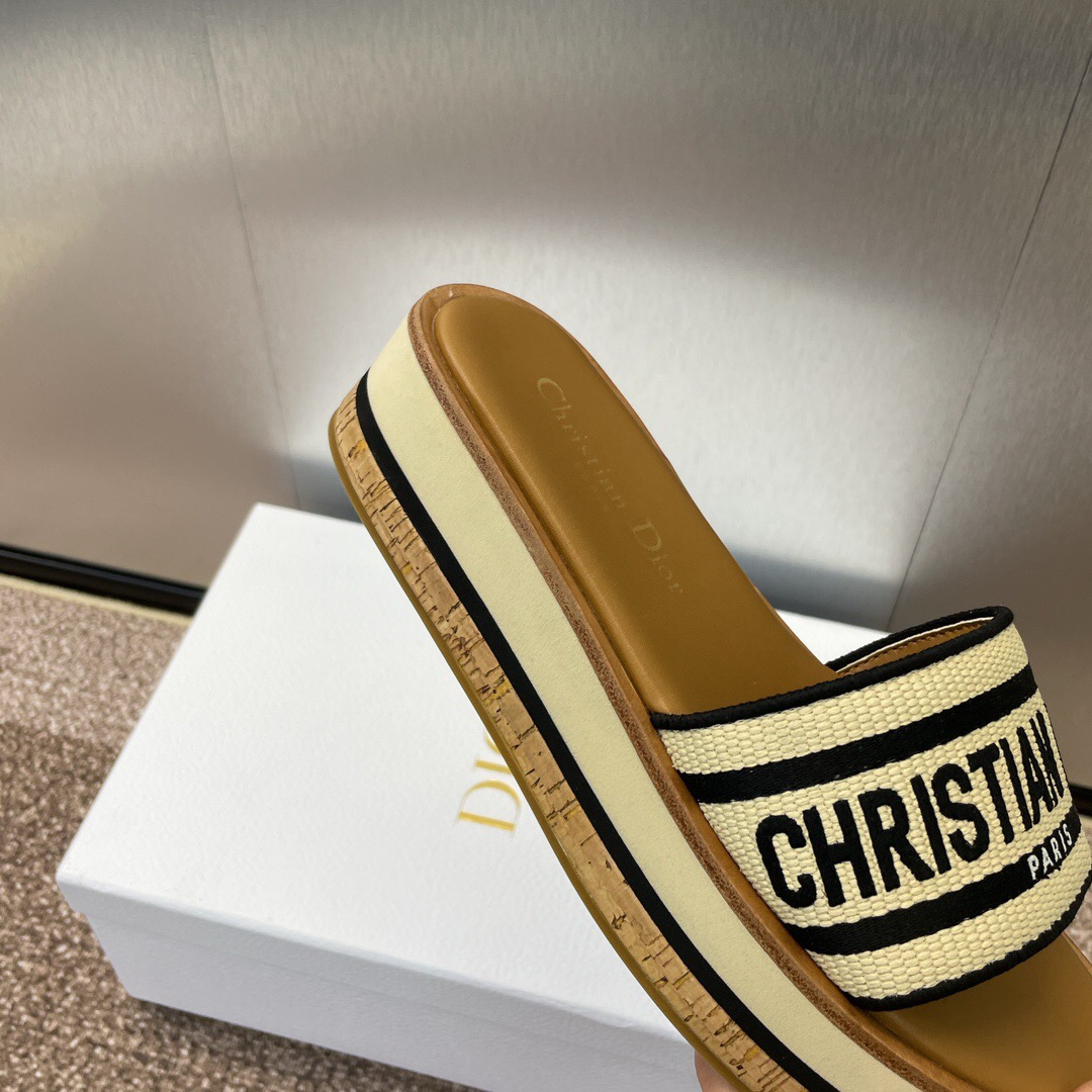 2025 Slippers Dior Beige Black Textile Platform Embroidery