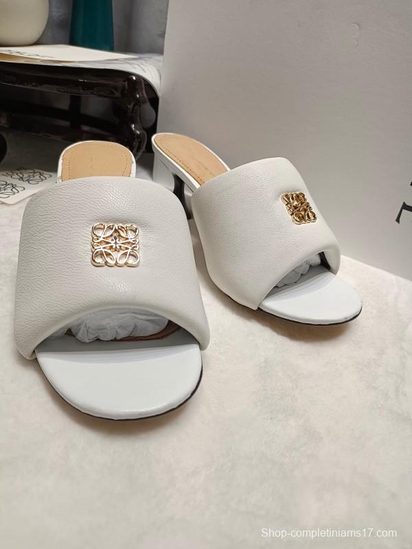 2025 Women Loewe White Leather Slide Heels LY00270