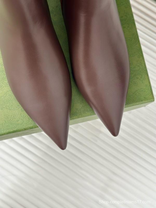 2024 Women Gucci Brown Calfskin Ankle Boots Chain Detail MJ00410