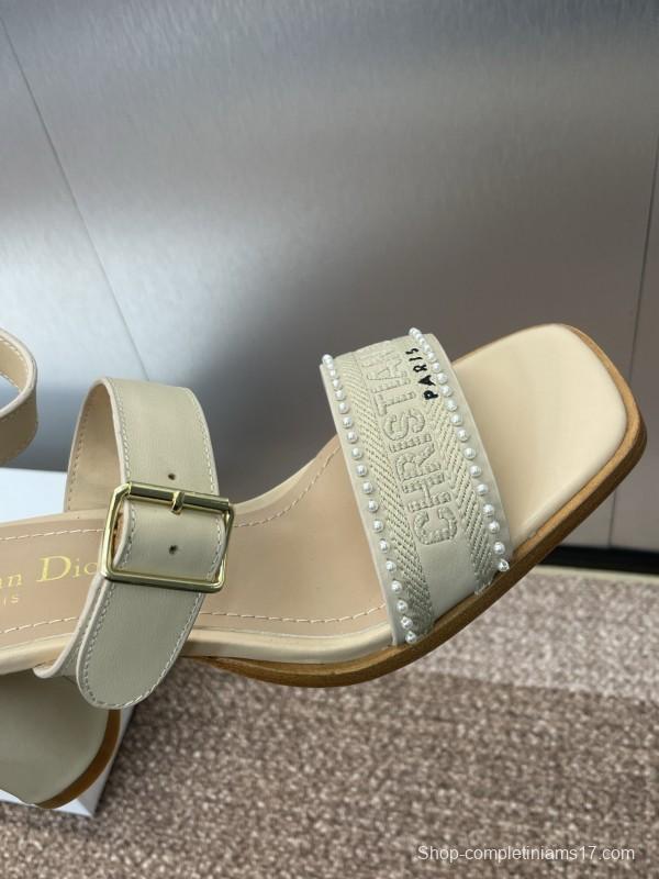 2025 Women Dior Beige Leather Embroidered Sandals