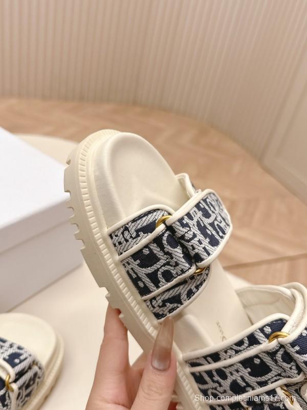 2025 Women Dior Navy White Canvas Sandals LY