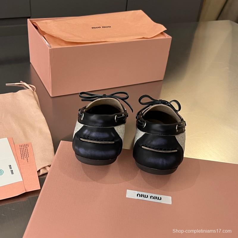 2025 Women Miu Miu Black Beige Leather Fabric Loafers