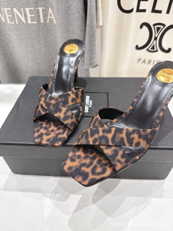 2025 Women Yves Saint Laurent Leopard Print Leather High Heel Sandals