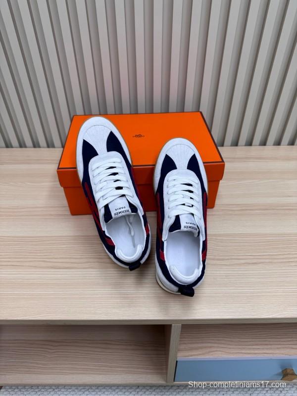 2025 Unisex Hermès White Navy Red Suede Down Fabric Sneakers KFY00300