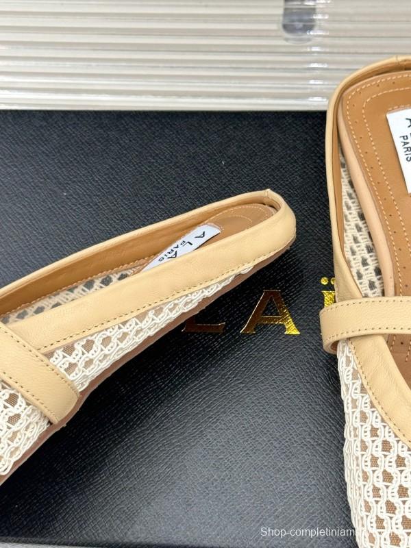 2025 Slippers ALALIA Beige Mesh Leather Flat Buckle