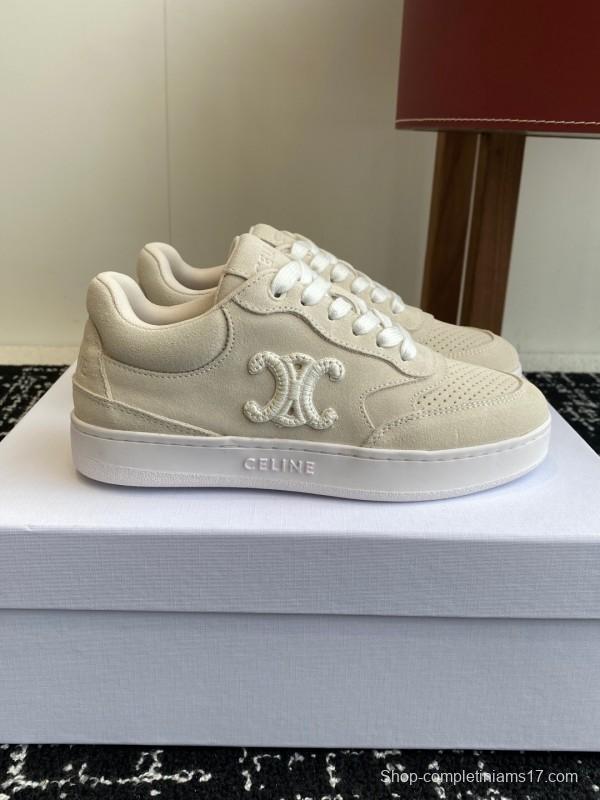 2025 Women Celine Beige Canvas Sneakers CELINE Embroidered Logo