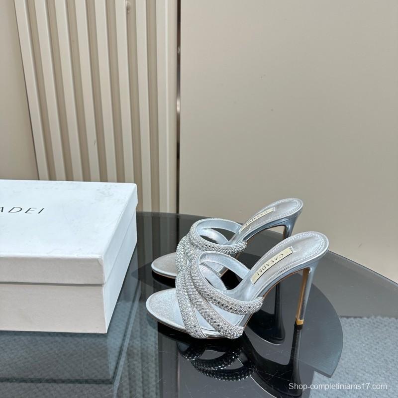 2025 Women Casadei Silver Leather High Heel Crystal Embellished KFY00290