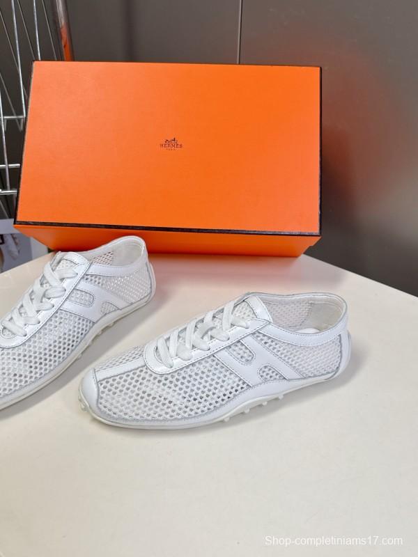 2025 Women Hermès White Leather Mesh Sneakers KFY00250