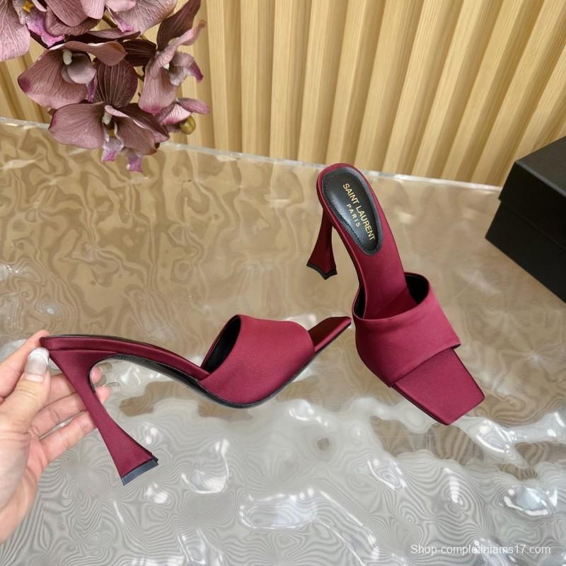 2025 Women Yves Saint Laurent Burgundy Satin High Heel Mules