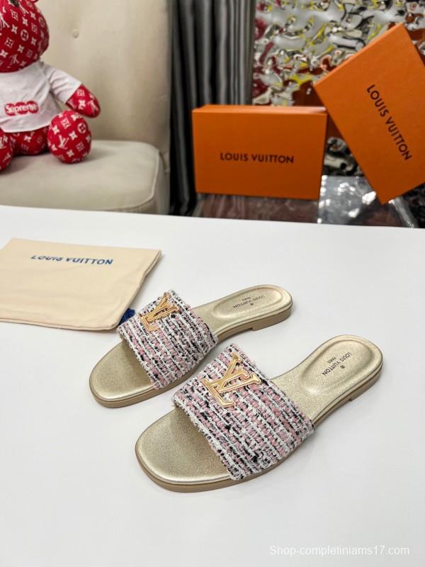 2025 Women Louis Vuitton Pink White Gold Fabric Leather Slippers