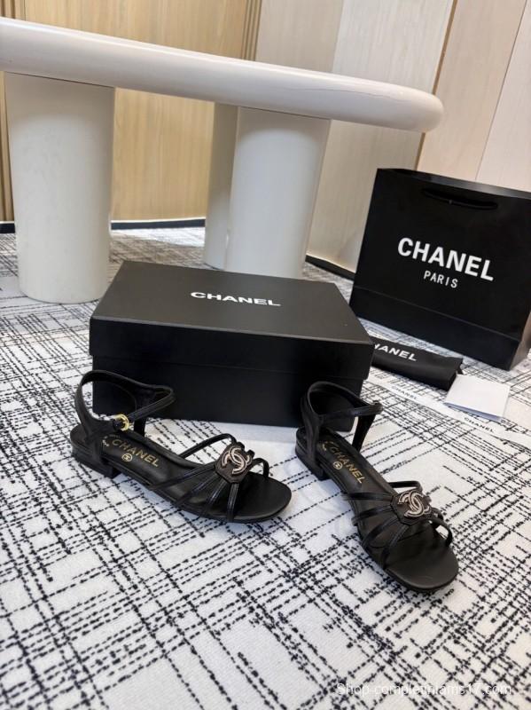 2025 Women Chanel Black Leather Sandals LY00270