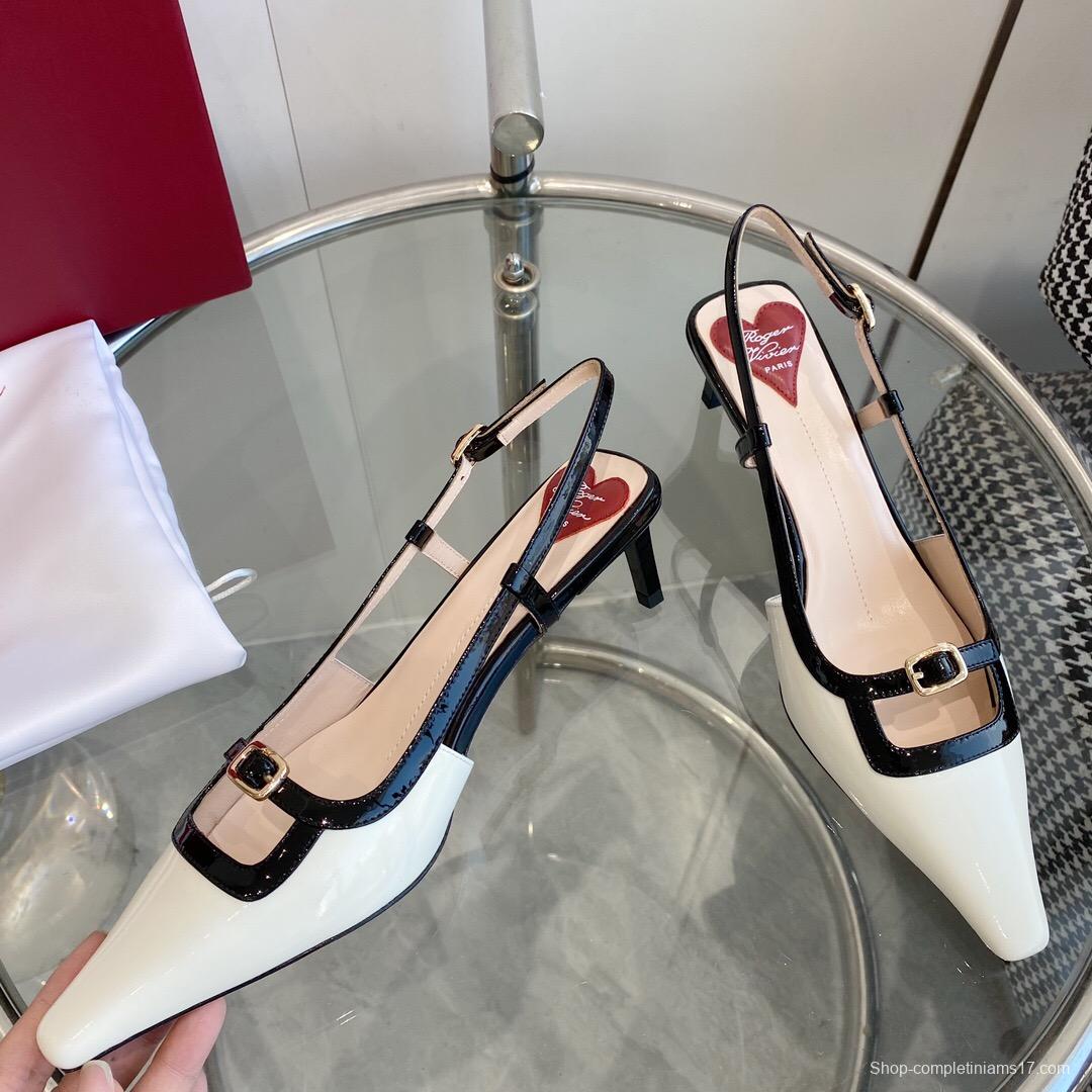 2025 Women Roger Vivier White Black Patent Leather Slingback Pump KFY00340