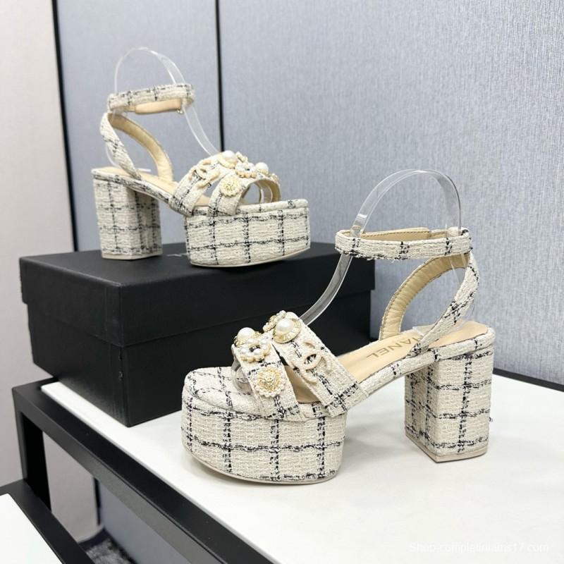 2025 Women Chanel Beige Black Tweed Leather Platform Sandals MJ00310