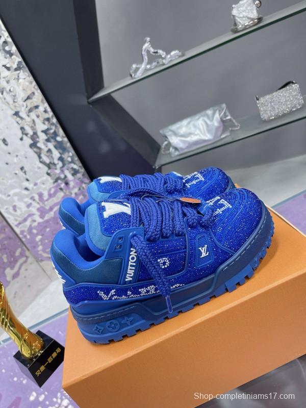 2024 Unisex Louis Vuitton Blue Rhinestone Trainer Sneakers Heat Pressing MJ00430