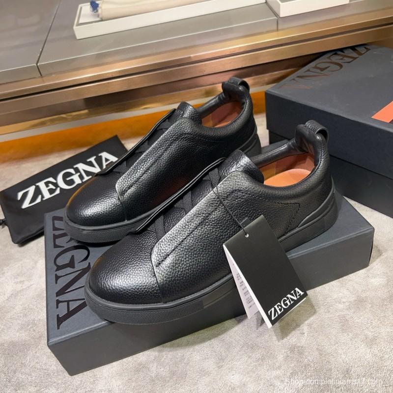 2024 Men Ermenegildo Zegna Black Calf Leather Sneakers MJ00280