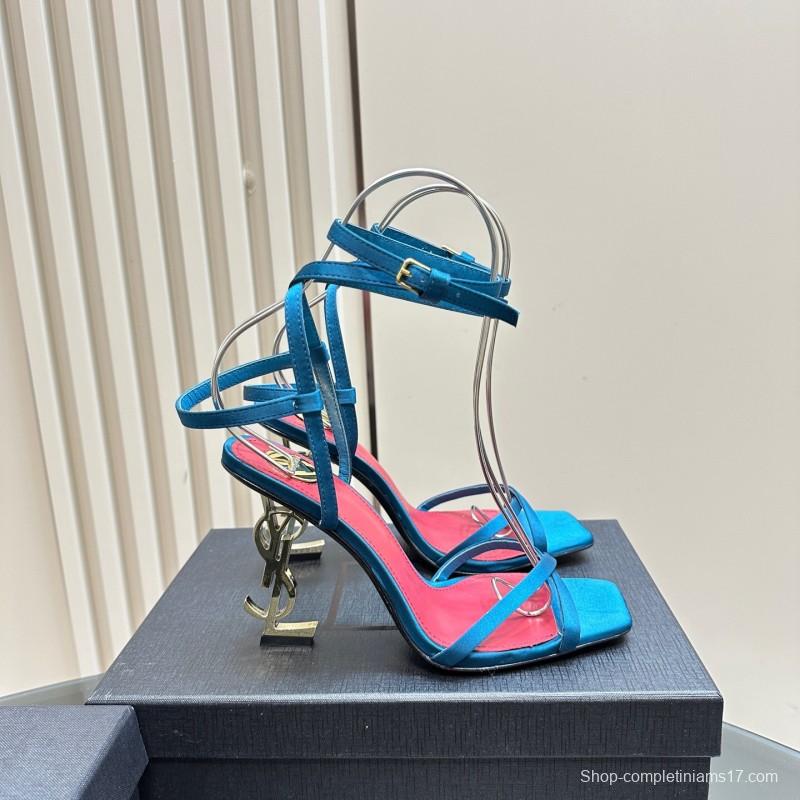 2025 Women Yves Saint Laurent Blue Silk High Heel Sandals KFY00290