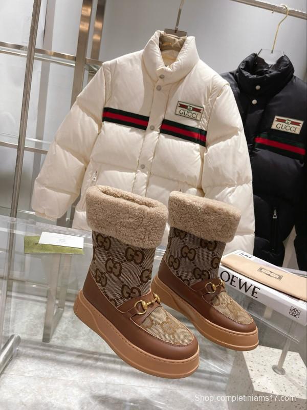 2024 Women Gucci brown leather sheep wool snow boots MJ00420